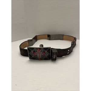 Heavy Leather Grunge Emo Belt Metal Cross Buckle Black Size 34